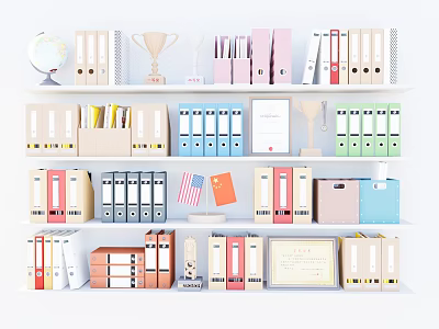 Colorful File Folders Arranged On Shelves With Globe Trophy Flag And Documents 3d model