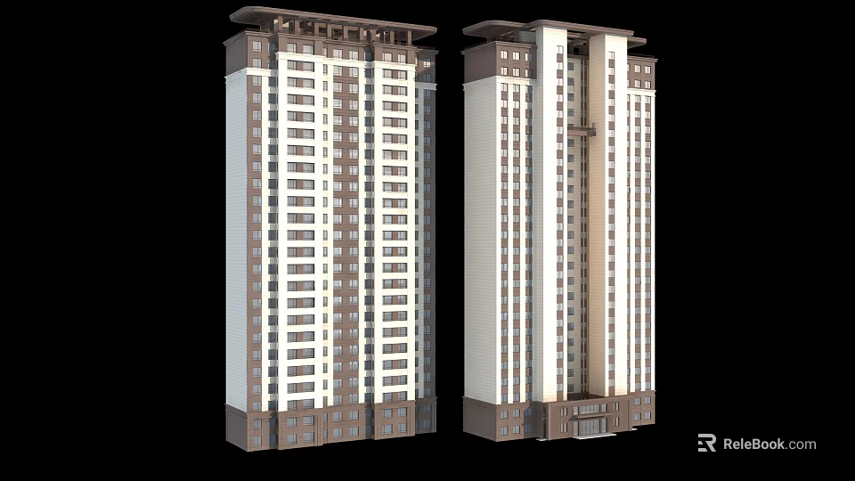 Modern High Rise Residential Building With White Brown Exterior Large Windows And Top Design 3d model 