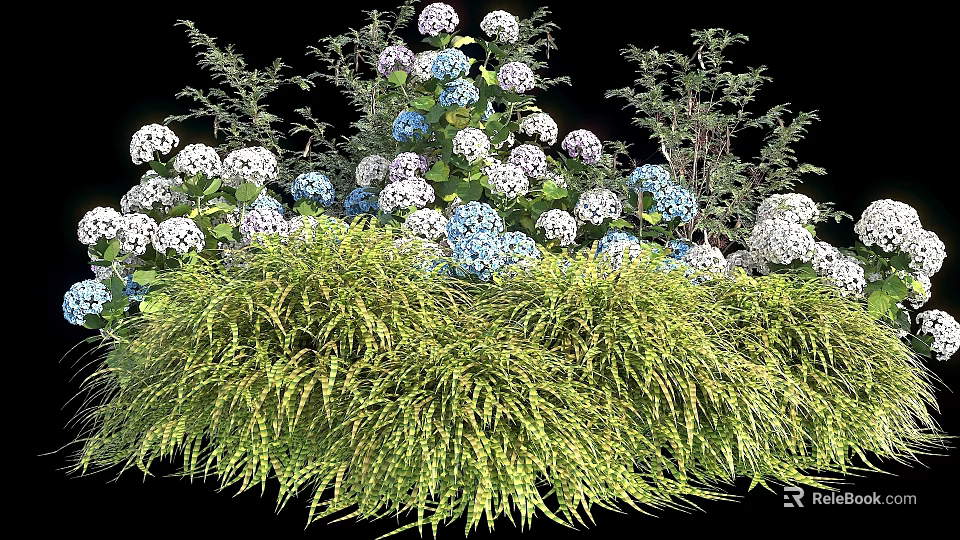 Lush Garden Bushes With White And Blue Flowers And Green Foliage 3d model 