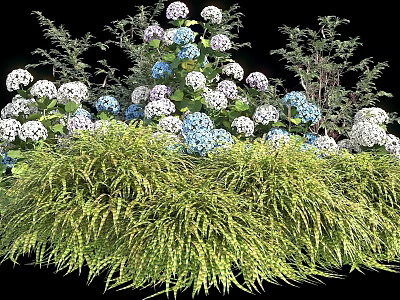 Lush Garden Bushes With White And Blue Flowers And Green Foliage 3d model