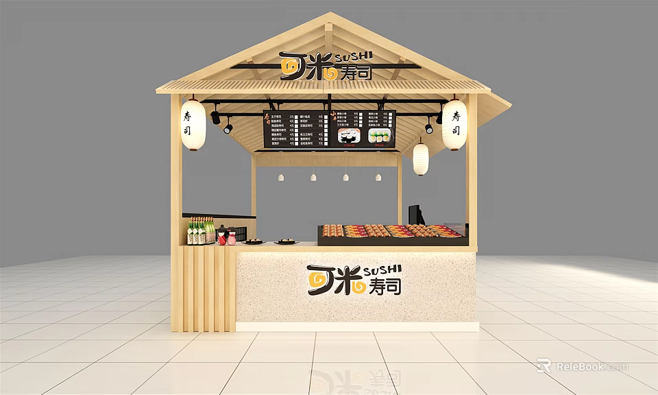 Traditional Japanese Sushi Restaurant Featuring Wooden Pavilion Counter And Hanging Lanterns 3d model 