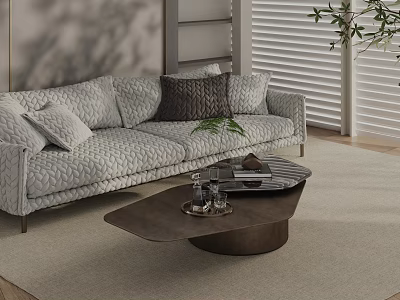 Modern Living Room Coffee Table On Rug With Gray Sofa Pillows Books And Decor Items 3d model