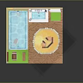 Cartoon Bathroom Scene With Yellow Walls Tiles Bathtub Sink Toilet Smiley Rug Plant And