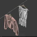 Clothes Hanging on Clothesline with Pink Coat White Dress and Wooden Hangers Against Blue Background