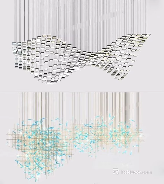 Modern Geometric Chandelier With Grid Square Design And Hanging Blue Green Elements 3d model 