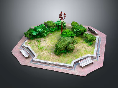 Scenic Octagonal Park Area With Green Grass Bushes Street Lamp And Benches 3d model