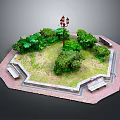 Scenic Octagonal Park Area With Green Grass Bushes Street Lamp And Benches