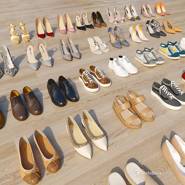 Various Stylish Shoes in Multiple Styles Arranged Neatly on Wooden Floor 3d model 