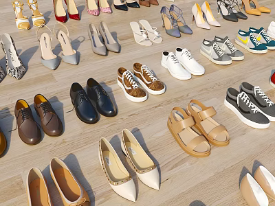Various Stylish Shoes in Multiple Styles Arranged Neatly on Wooden Floor 3d model