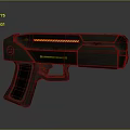 Futuristic Metallic Weapon Phaser With Yellow Warning Stripes And Red Logo