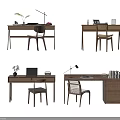 Modern Wooden Desk With Chair Table Lamp Laptop Storage Basket And Plant