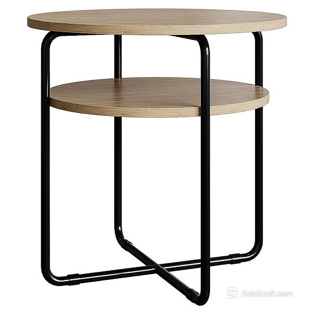 Modern Round Wooden Top Side Table With Black Metal Frame Structure Design 3d model