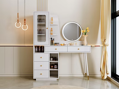 Elegant Dressing Table With Round Mirror Vase Yellow Flowers White Cabinets Drawers And Pendant Lights 3d model