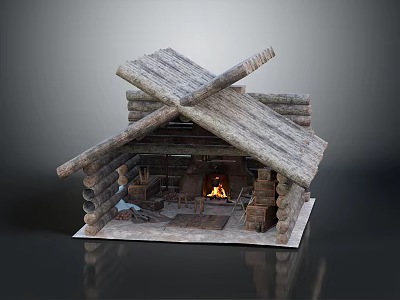 Log Cabin Structure with Crossed Wooden Roof Beams and Interior Fireplace with Burning Fire 3d model