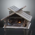 Log Cabin Structure with Crossed Wooden Roof Beams and Interior Fireplace with Burning Fire