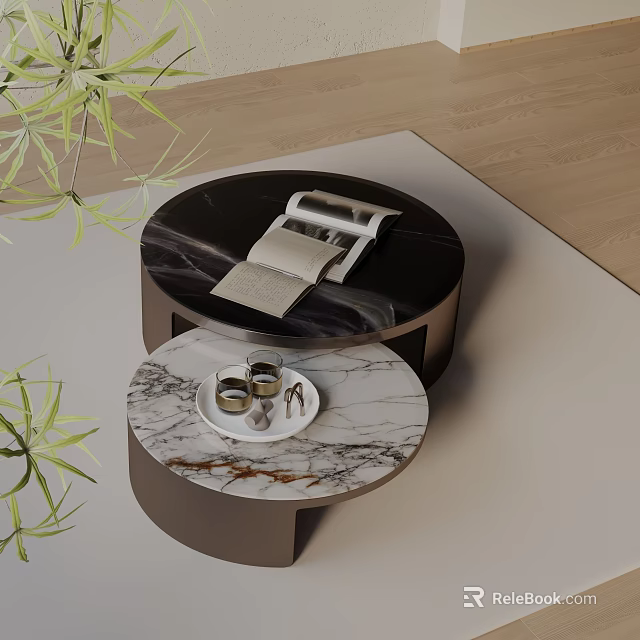 Modern Nested Marble Coffee Table Set With Open Book Glasses And Bamboo Leaves 3d model 
