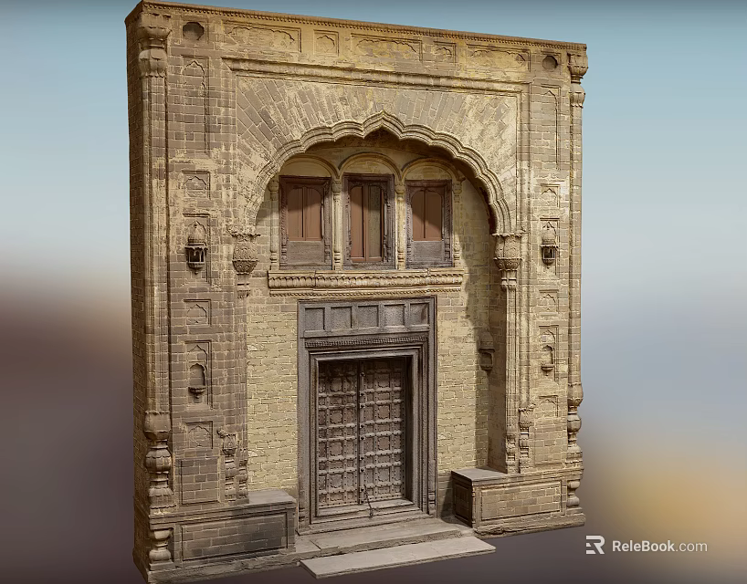 Traditional Stone Entrance Gate With Arched Top Intricate Carvings And Decorative Elements 3d model 