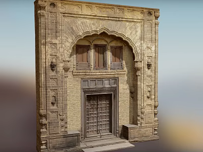 Traditional Stone Entrance Gate With Arched Top Intricate Carvings And Decorative Elements 3d model