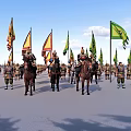 Game Movie Characters As Ancient Armored Soldiers With Mounted Generals Fluttering Flags In Blue Sky