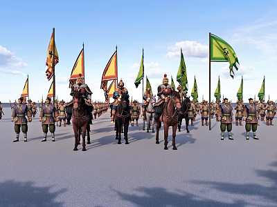 Game Movie Characters As Ancient Armored Soldiers With Mounted Generals Fluttering Flags In Blue Sky 3d model