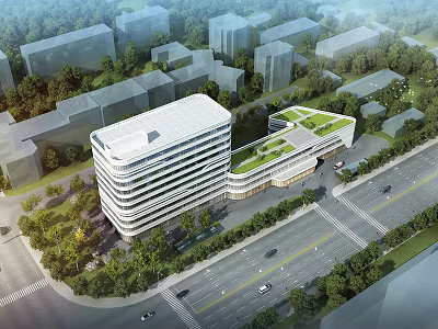 Modern Hospital Building with Green Roof Surrounded by Trees and Urban Roads 3d model