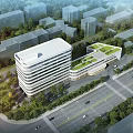 Modern Hospital Building with Green Roof Surrounded by Trees and Urban Roads