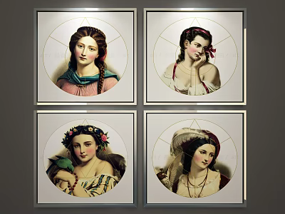 Classical Female Portrait Paintings In Round Frames With Decorative Headdress And Jewelry 3d model
