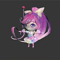 Cute Pink Hair Game Movie Character With Long Ponytail Purple Eyes Heart Decoration Colorful Dress
