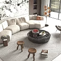 Modern Beige Sofa And Black Round Coffee Table Set With Wooden Stools And Area Rug