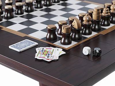 Wooden Table Top With Chessboard Chess Pieces Playing Cards And Dice 3d model