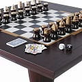 Wooden Table Top With Chessboard Chess Pieces Playing Cards And Dice