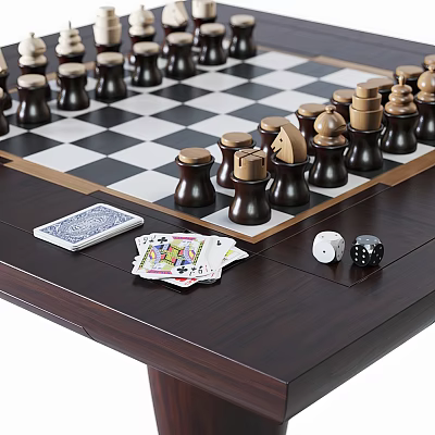 Wooden Table Top With Chessboard Chess Pieces Playing Cards And Dice 3d model