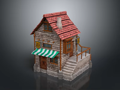 Small House Model With Red Tiled Roof Stone Walls Green Striped Awning And Wooden Door 3d model