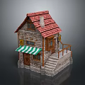 Small House Model With Red Tiled Roof Stone Walls Green Striped Awning And Wooden Door