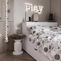 Stylish Kids Room with Patterned Bedspread Striped Wall Blinds Round Pendant Lights Desk Gray Chair 3d model