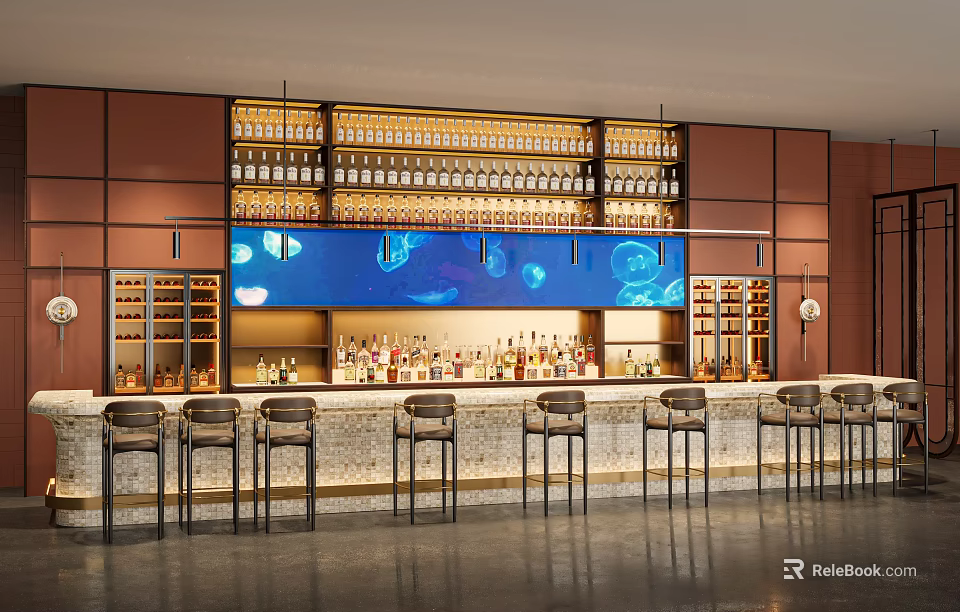 Modern Luxury Bar Counter Interior With Illuminated Wine Display Shelves And Elegant Comfortable Bar Stools 3d model 