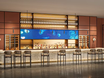 Modern Luxury Bar Counter Interior With Illuminated Wine Display Shelves And Elegant Comfortable Bar Stools 3d model