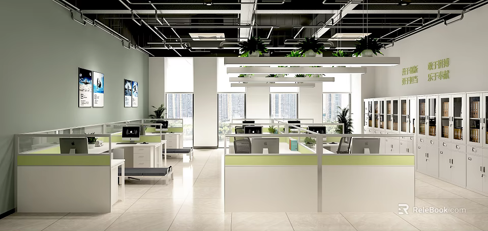 Bright Modern Public Office Space With Cubicles Workstations Computers And Green Plants 3d model