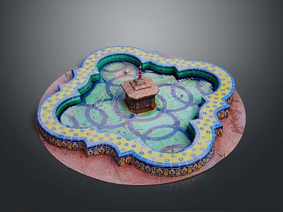 Decorative Circular Fountain With Blue Yellow Tiles And Central Small Tower 3d model