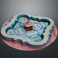 Decorative Circular Fountain With Blue Yellow Tiles And Central Small Tower