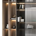 Modern Bookcase With Glass Doors Marble Wall Lighting Strips Books And Decorative Items