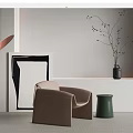 Modern Beige Leisure Chair with Green Side Stool and Artwork in Minimalist Interior