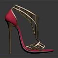 Pink Open Toe High Heel Sandals with Golden Metal Straps and Stiletto Heel Design