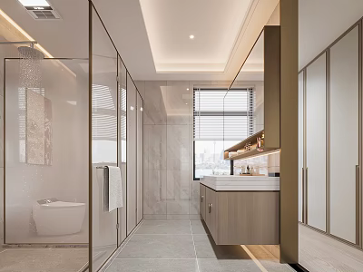 Modern Bathroom Interior With Glass Shower Partition Marble Walls And Vanity Cabinets 3d model