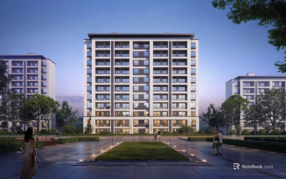 Modern Multi Storey Residential Building With Green Area And People Walking Surrounded By Trees 3d model 