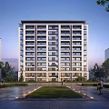 Modern Multi Storey Residential Building With Green Area And People Walking Surrounded By Trees