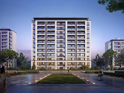 Modern Multi Storey Residential Building With Green Area And People Walking Surrounded By Trees 3d model