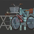 Vintage Bicycle With Basket Next To Light Blue Bench Foldable Table Bread And Lantern