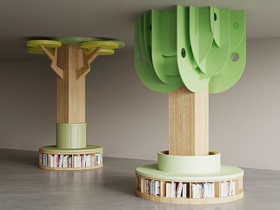 Tree Shaped Green And Wooden Columns With Book Shelves At Base 3d model