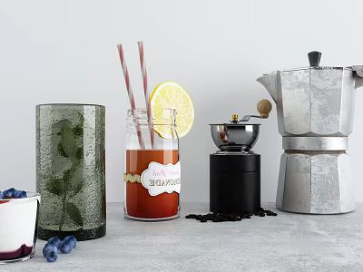 Refreshing Beverages in Glass Cups with Lemon Slices Straws Blueberries Coffee Grinder and Moka Pot 3d model